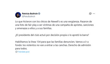 tuit patricia bullrich sobre el escandalo en newells