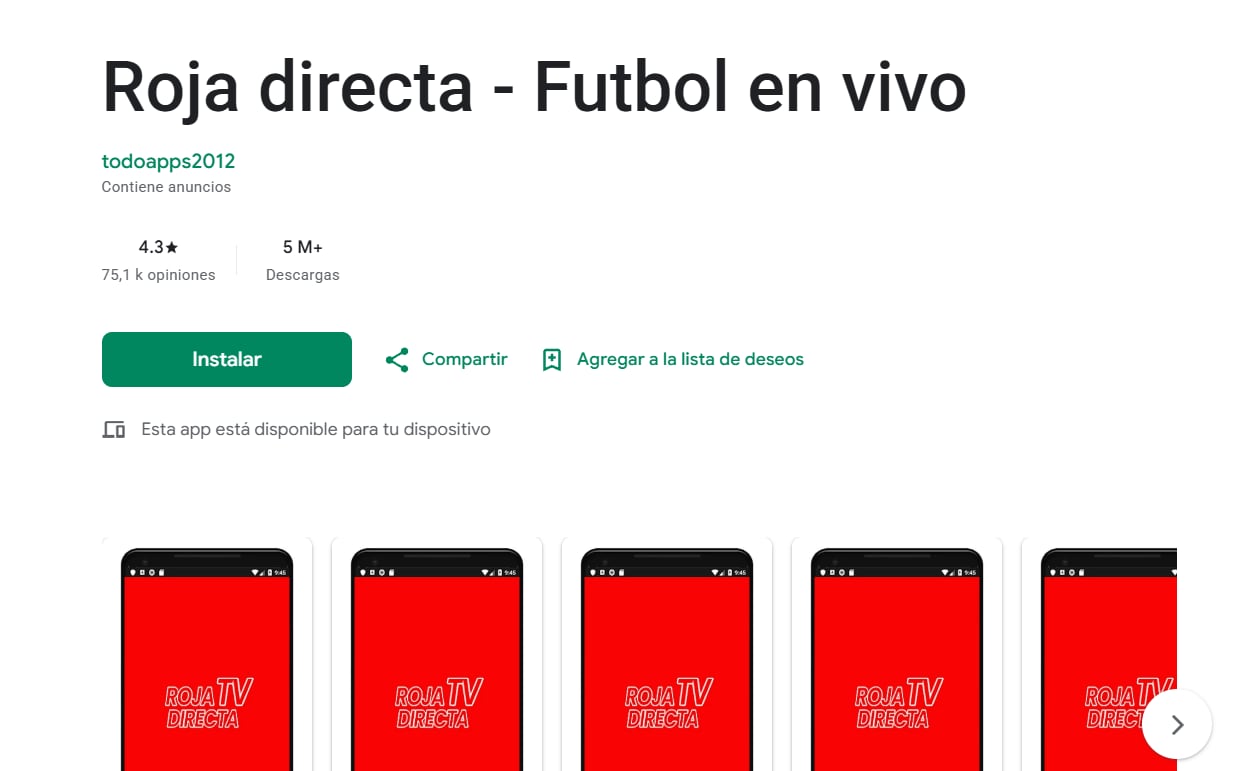 Muchos buscan alternativas para ver el partido de manera gratuita en línea, siendo Roja Directa TV una de las opciones más consultadas.(Captura Google Play)