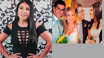Tula Rodríguez sorrindo olhando para a direita, com as mãos na cintura, em uma guirlanda escura; A seguir, duas fotos do casamento com Javier Carmona.