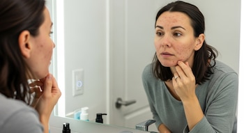 Una mujer de cabello oscuro y camiseta gris, de unos 40 años, se mira al espejo de un baño, con su rostro cubierto de erupciones rojas de acné, mientras toca su barbilla.