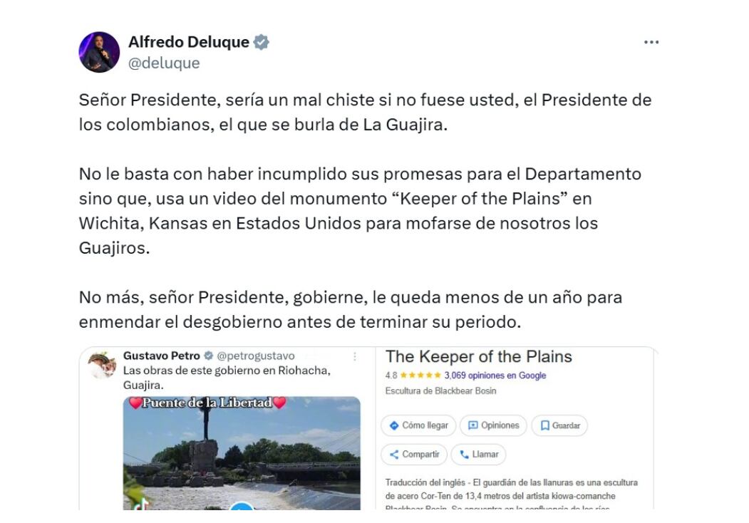 Alfredo Deluque rechazó la publicación del presidente Petro en la que se llevó los créditos de una