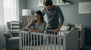 Un hombre y una mujer en una habitación de bebé. La mujer está sentada dentro de una cuna vacía y el hombre, de pie, le pone una mano en el hombro.