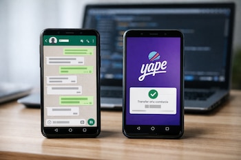 Dos teléfonos móviles sobre una mesa de madera. Uno muestra un chat de WhatsApp con un perfil falso. El otro exhibe el logo de Yape y una notificación de transferencia.