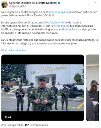 Alias Griffo, presunto integrante del ELN, cayó en operación de contrainteligencia militar - crédito @Ejercito_Div2/X
