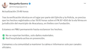La gobernadora informó que una verificación técnica del Ejército y la Policía ubicó el hecho en jurisdicción de Aracataca, en límites con Fundación. - crédito @mmarguiguerra/X