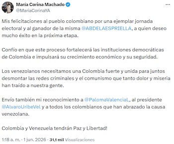 El trino de María Corina Machado destacó la necesidad de una Colombia fuerte y unida para enfrentar juntos redes criminales y comunismo en la región. - crédito @MariaCorinaYA/X