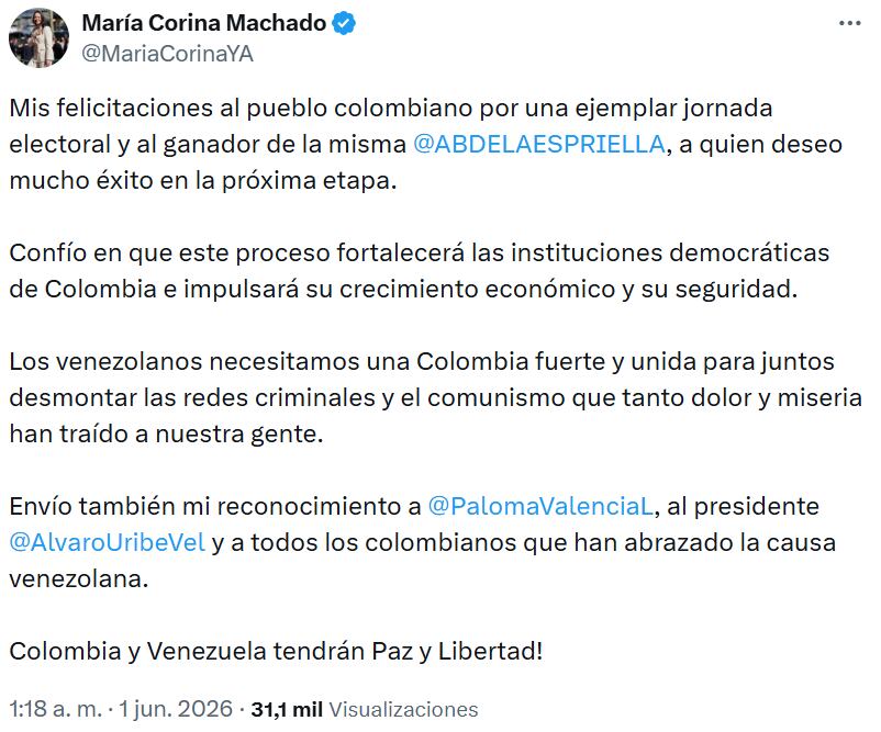 El trino de María Corina Machado destacó la necesidad de una Colombia fuerte y unida para enfrentar juntos redes criminales y comunismo en la región. - crédito @MariaCorinaYA/X
