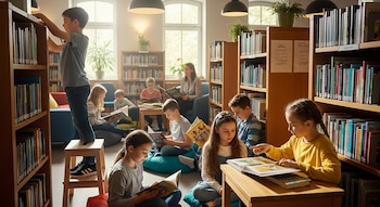 Grupo de niños y una adulta leen libros en una biblioteca luminosa. Un niño está de pie en un taburete junto a una estantería llena de libros.