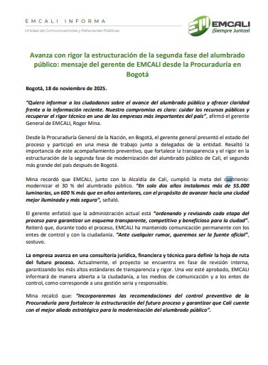 La segunda fase del alumbrado público de Cali se estructura con acompañamiento de la Procuraduría General de la Nación - crédito Emcali