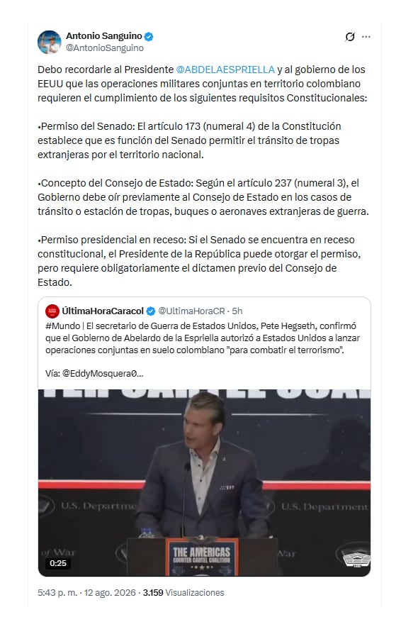 Con este mensaje, Antonio Sanguino, exministro de Trabajo, se expresó sobre el anuncio del secretario de Guerra de los Estados Unidos - crédito @AntonioSanguino/X