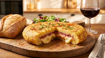 Tortilla de patatas rellena de jamón y queso fundido, con una rebanada mostrando el interior. Junto a ella, pan, ensalada y una copa de vino tinto en una cocina.