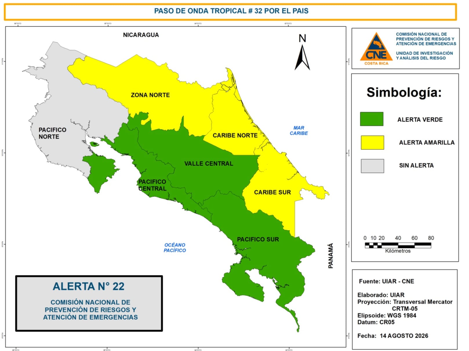 La CNE elevó a alerta amarilla a la Zona Norte y la vertiente del Caribe ante el aumento de las lluvias previsto para este fin de semana. Crédito: CNE