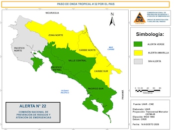La CNE elevó a alerta amarilla a la Zona Norte y la vertiente del Caribe ante el aumento de las lluvias previsto para este fin de semana. Crédito: CNE
