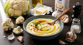 Un tazón de puré de coliflor con aceite de oliva, pimentón y cebollino, rodeado de una cabeza de coliflor, floretes, ajos, mantequilla, salero y pimentero.