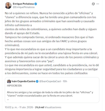 El exalcalde de Bogotá cuestionó postura de Iván Cepeda sobre polémica en cárcel de Itagüí - crédito @EnriquePenalosa/X