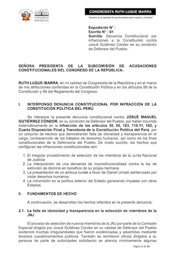 Denuncia constitucional de Ruth Luque