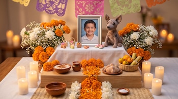 Altar con retrato de un niño, perro de peluche, flores de cempasúchil, velas, recipientes con alimentos y papel picado en el fondo.