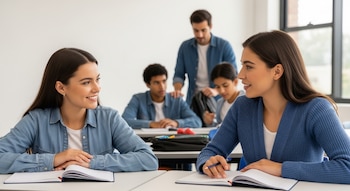Cinco personas en un aula moderna. Dos mujeres sentadas frente a frente con cuadernos abiertos; al fondo, tres personas sentadas y un hombre de pie.