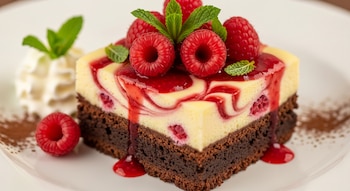 Primer plano de un trozo de brownie con capa de tarta de queso y vetas de frambuesa, cubierto con frambuesas frescas y hojas de menta en un plato blanco.