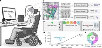 Esquema del participante utilizando la interfaz cerebro-ordenador (BCI) intracortical multimodal para controlar su ordenador personal (Universidad de California, Nature Medicine)