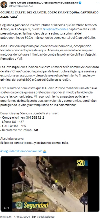 Ministerio de Defensa destacó captura de cabecilla financiero que sostenía rentas criminales en Antioquia - crédito @PedroSanchezCol/X
