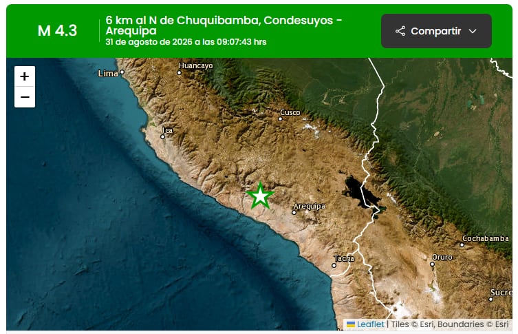 Un mapa de localización señala el epicentro de un sismo de magnitud 4,3 registrado a seis kilómetros al norte de Chuquibamba, en la región peruana de Arequipa. (IGP)