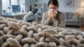 Varios ácaros se ven sobre fibras de tela, en el fondo una mujer estornuda cubriéndose la nariz junto a un microscopio y un espacio de laboratorio y hogar.