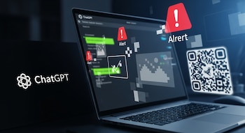 Una pantalla de notebook muestra la interfaz de ChatGPT con múltiples iconos de alerta roja, imágenes pixeladas y un código QR borroso superpuestos.