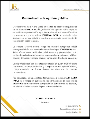 Los representantes legales de Marilyn Patiño afirmaron que esperan una retractación pública de Johanna Fadul, o tomarán medidas legales por presunta difamación - crédito @marilynpatino1/Instagram