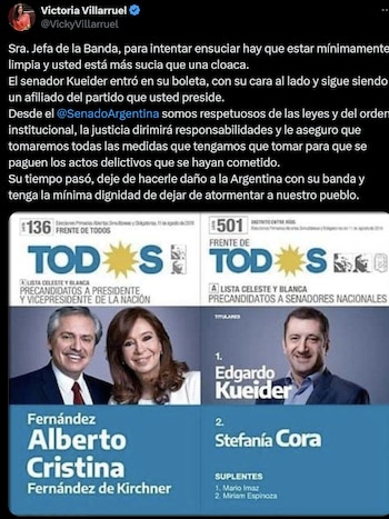 La respuesta de Villarruel a Cristina Kirchner