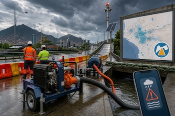 Motobomba con mangueras junto a un canal, dos operarios con chalecos reflectantes, barreras viales, un panel con mapa y un teléfono móvil.