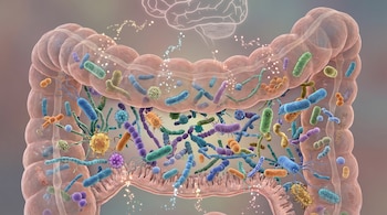 Visualización 3D del colon humano mostrando la diversidad del microbioma intestinal, con múltiples bacterias de distintas formas y colores, y una silueta cerebral en la parte superior.