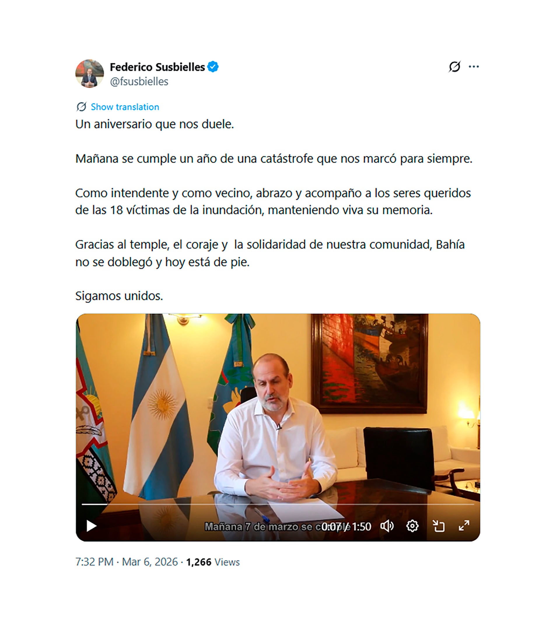 El posteo del intendente Susbielles, a un año de la tragedia en Bahía Blanca (@fsusbielles)