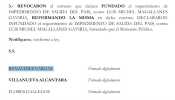 Texto de resolución judicial sobre Luis Michel Magallanes Gaviria con firmas digitales de Benavides Vargas, Villanueva Alcántara y Flores Gallegos