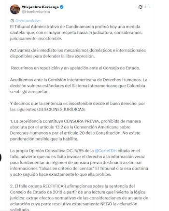 La defensa presentó recursos de reposición y apelación ante el Consejo de Estado para controvertir la decisión del tribunal - crédito @HombreJurista/X