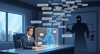 Ilustración de un ejecutivo en una oficina moderna frente a una pantalla con un chatbot etéreo. Burbujas de texto con datos personales flotan hacia una sombra legal.