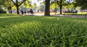Primer plano de césped sintético verde brillante bajo la luz del sol; un camino de parque, bancos y personas sentadas bajo árboles se ven borrosos al fondo.