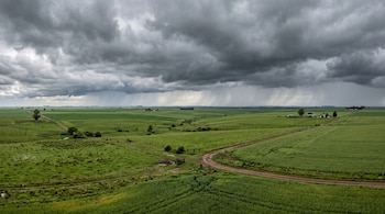 Campos verdes divididos por caminos de tierra y cercas bajo un cielo gris con nubes densas y cortinas de lluvia al fondo.