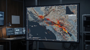 Pantalla que muestra un mapa geológico con puntos de colores junto a monitores con ondas de sismógrafos en una oficina.