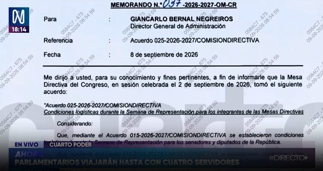 Congreso permitirá a sus directivos viajar con cuatro asesores pagados por el Estado. Captura: Cuarto Poder.