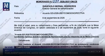 Congreso permitirá a sus directivos viajar con cuatro asesores pagados por el Estado. Captura: Cuarto Poder.