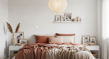 Dormitorio con cama en tonos tierra, cabecero blanco, mesitas de noche, lámpara de papel colgante, fotos familiares en marcos y objetos decorativos.