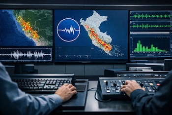 Dos manos operan teclados y paneles de control frente a cuatro pantallas. Muestran mapas de Perú con epicentros, gráficos sísmicos y el logo del IGP.