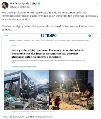 María Fernanda Cabal lamentó tragedia en Venezuela por terremotos y envió mensaje de apoyo - crédito @MariaFdaCabal/X