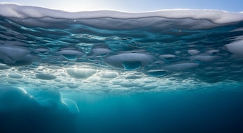 Vista subacuática del hielo marino en la Antártida, mostrando una capa translúcida con tonos azules y grises y charcos de agua dulce flotando debajo.