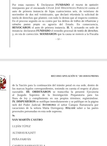 Fragmentos de una resolución judicial impresa en papel blanco con el escudo del Poder Judicial del Perú y firmas al final del documento
