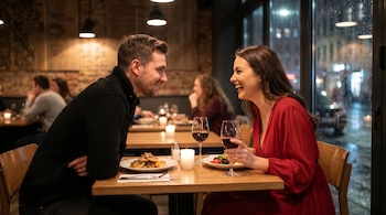 Un hombre en suéter negro y una mujer en vestido rojo se miran y sonríen mientras cenan en un restaurante con copas de vino.