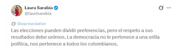 Sarabia resaltó que los votantes ejercieron su derecho con serenidad y manifestó un llamado al respeto por la decisión expresada en las urnas - crédito @laurisarabia/X