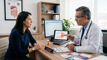 Un médico con bata blanca señala una tableta con un esquema del estómago frente a una mujer sentada en un escritorio.