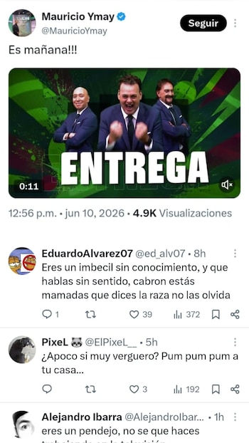 Captura de pantalla de un tuit de Mauricio Ymay con un video promocional y comentarios críticos de otros usuarios sobre sus opiniones